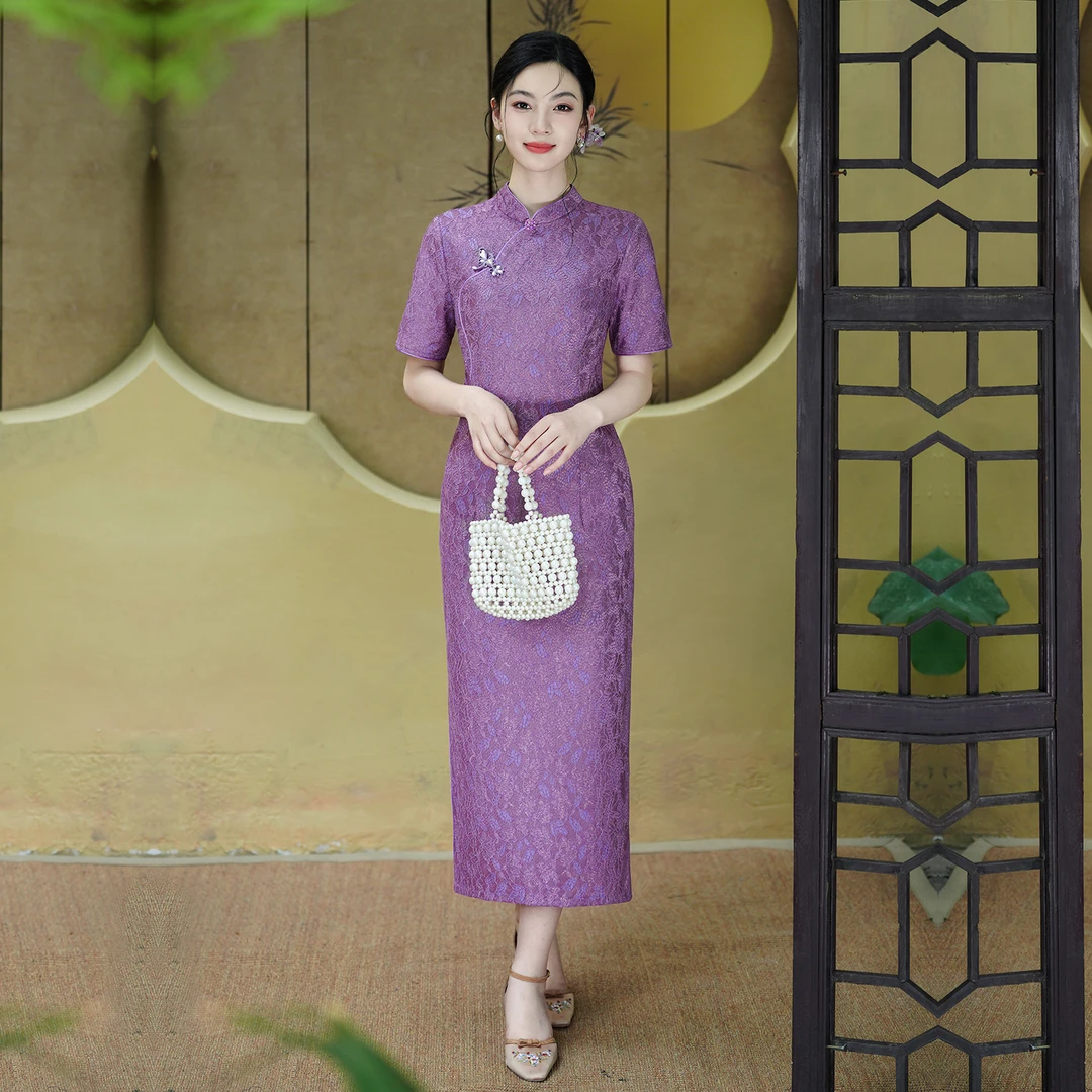 夏季蕾丝新中式中国风旗袍轻奢紫色高贵气质淑女大码显瘦网红旗袍