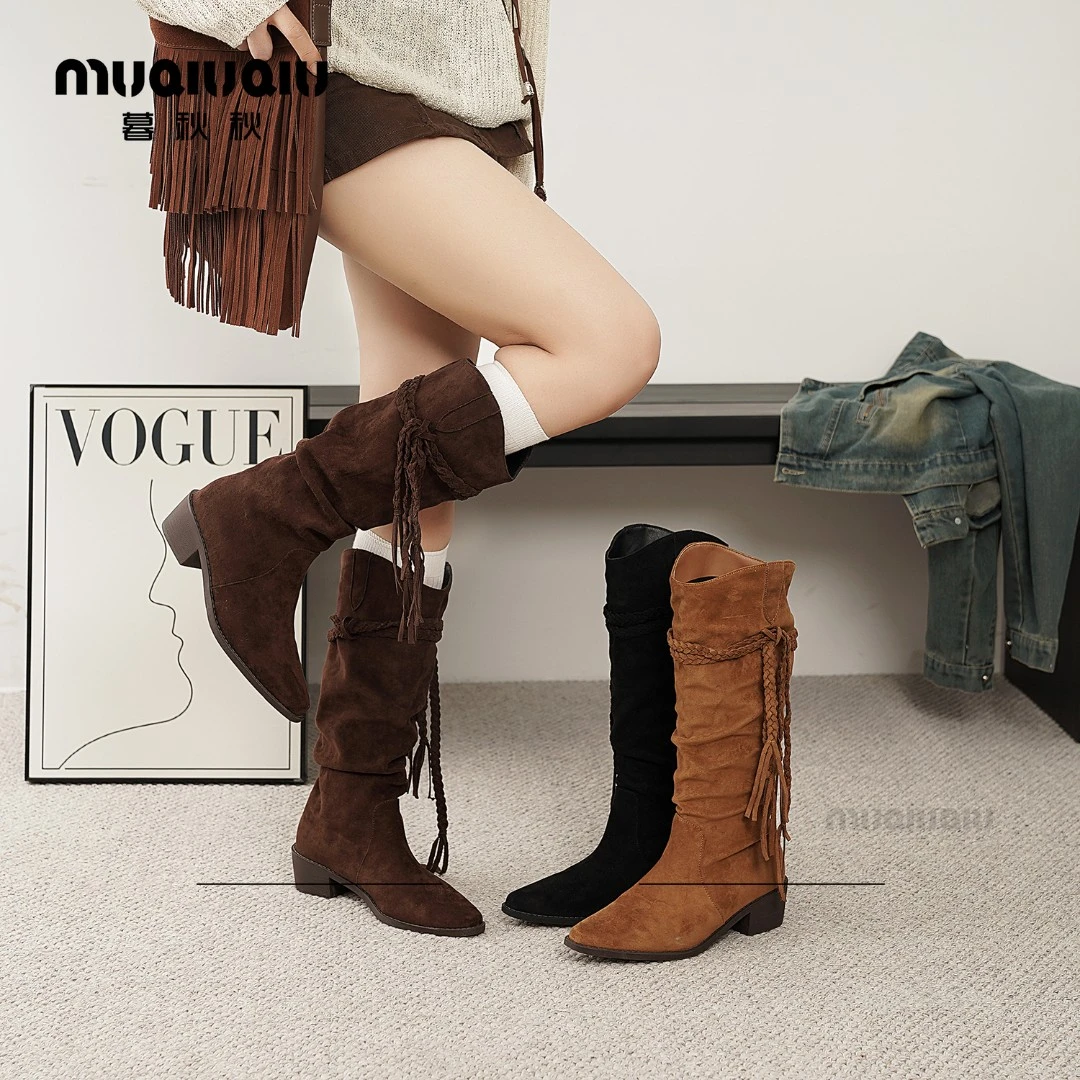 暮秋秋流光风长筒靴女2025秋新复古粗跟不过膝尖头流苏绑带骑士靴