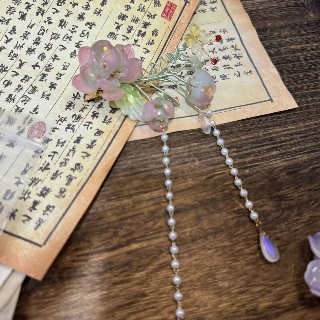粉绿双流苏发夹。前尘梦古风汉服配饰