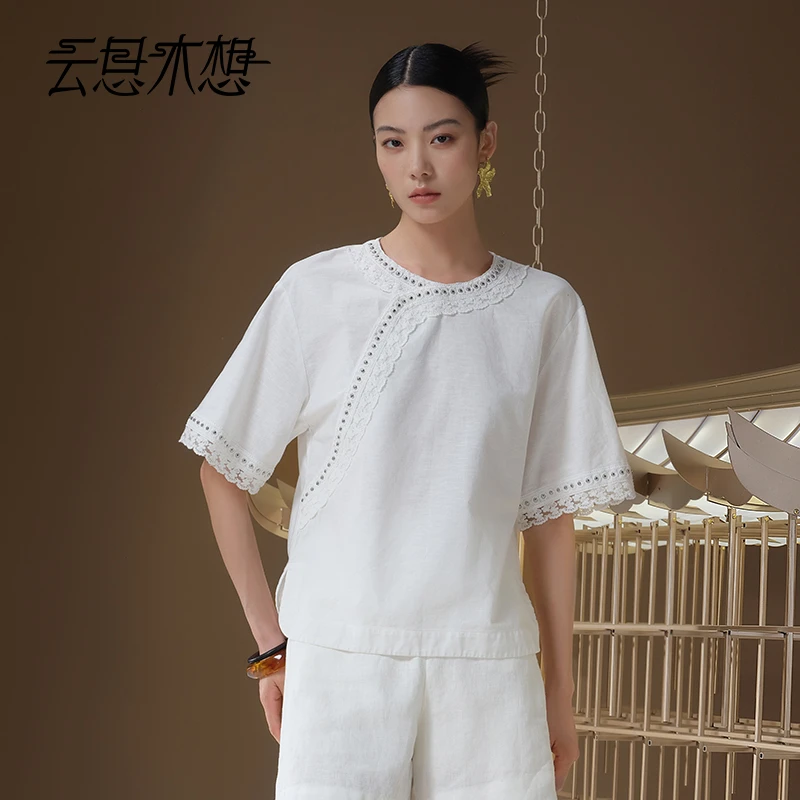 Ysimo-X云思木想 洛衣轻云 时尚蕾丝花边撞钉织带棉亚麻衬衫12976