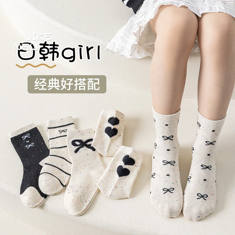 女童袜子点纱蝴蝶结爱心可爱黑白条纹点子纱学院风秋冬款韩系袜子