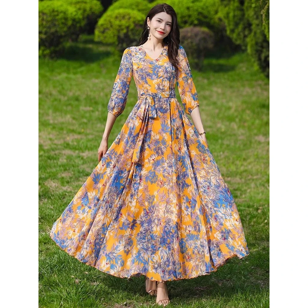 秋季长袖V领花色大摆连衣裙修身显瘦简约长裙裙子长款洋气高端