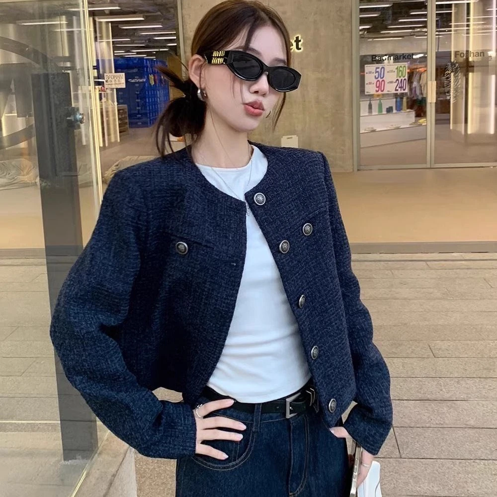 复古外套藏蓝短款香风秋季休闲单排高级新款宽松气质长袖上衣