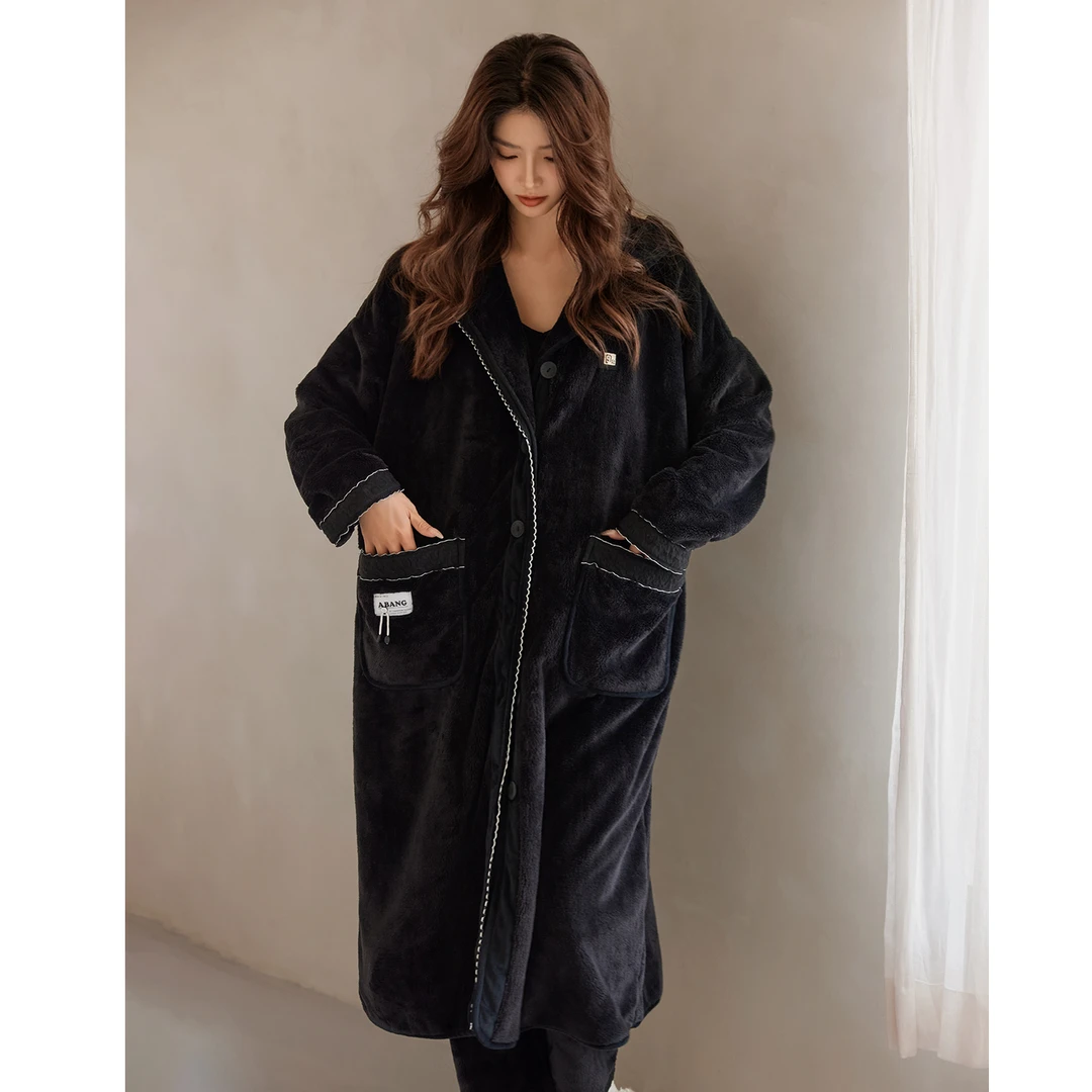 美腾珊瑚绒睡衣女秋冬款加厚连帽睡袍家居服保暖可外穿法兰绒套装