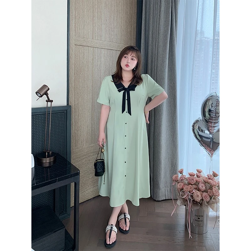 肉肉小姐大码女装2024夏季新品撞色高级感蝴蝶结收腰连衣裙显瘦