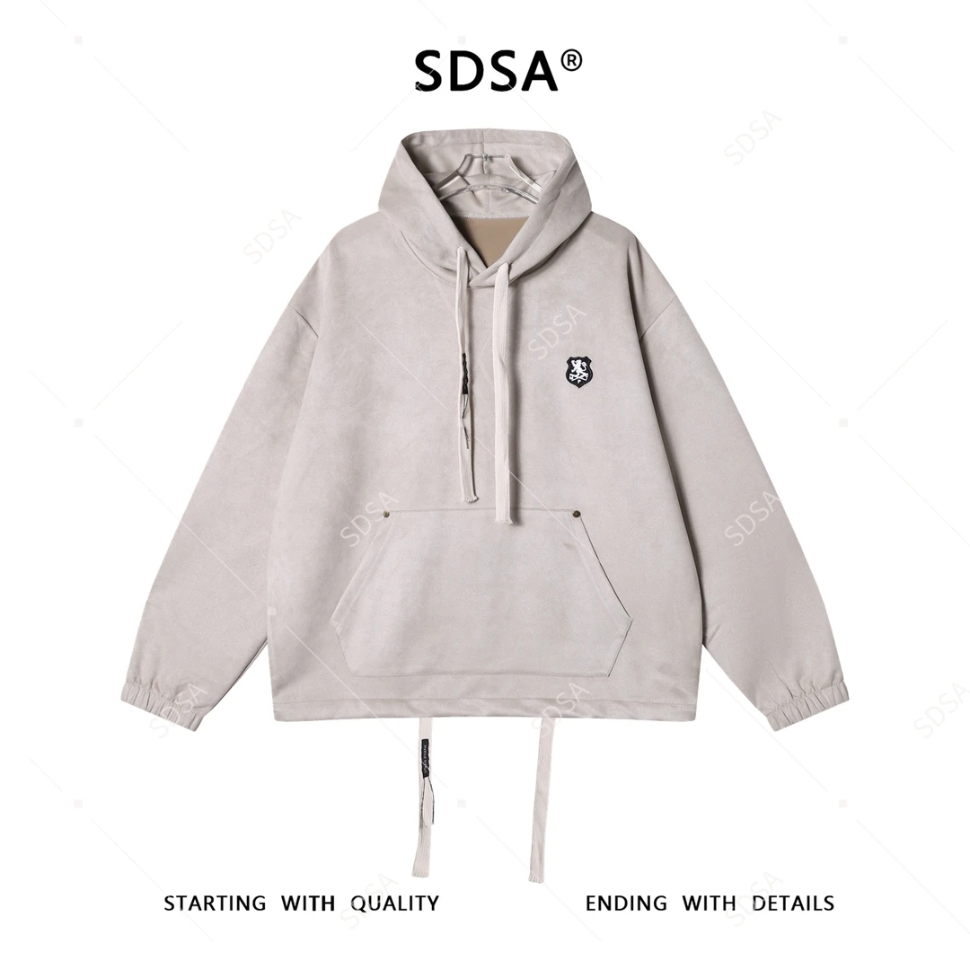 SDSA秋冬新款痞帅男装潮牌绒面下摆松紧抽绳连帽卫衣刺绣标百搭