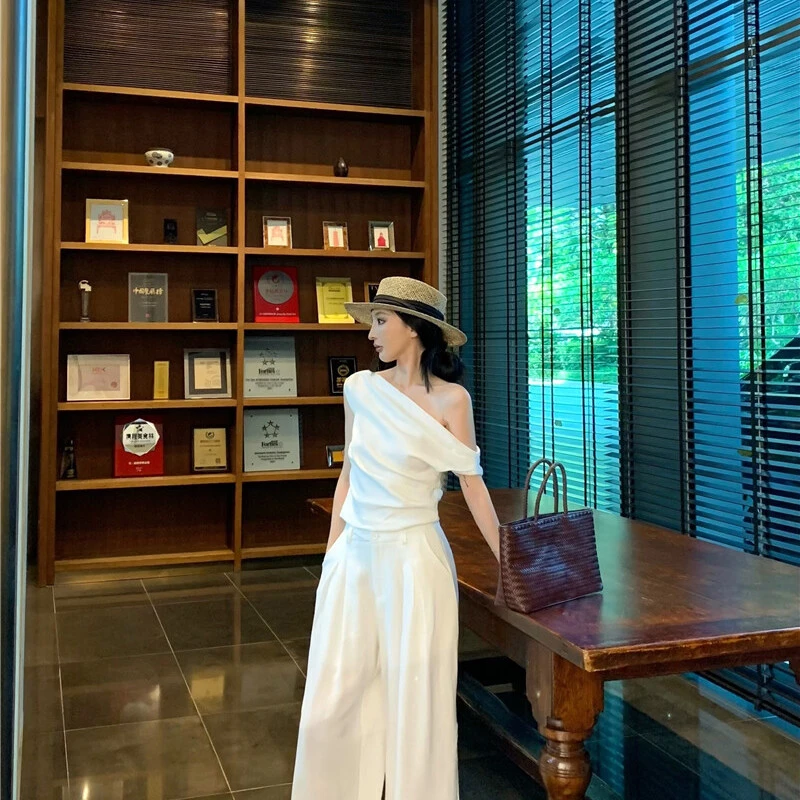 夏日清甜度假风斜肩短袖上衣+高腰显瘦长裤两件套套装*784