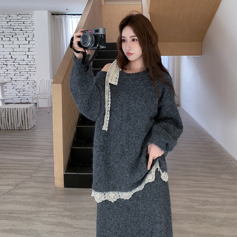 秋冬韩版时尚慵懒风蕾丝花边甜酷风上衣露肩设计感显瘦宽松套装