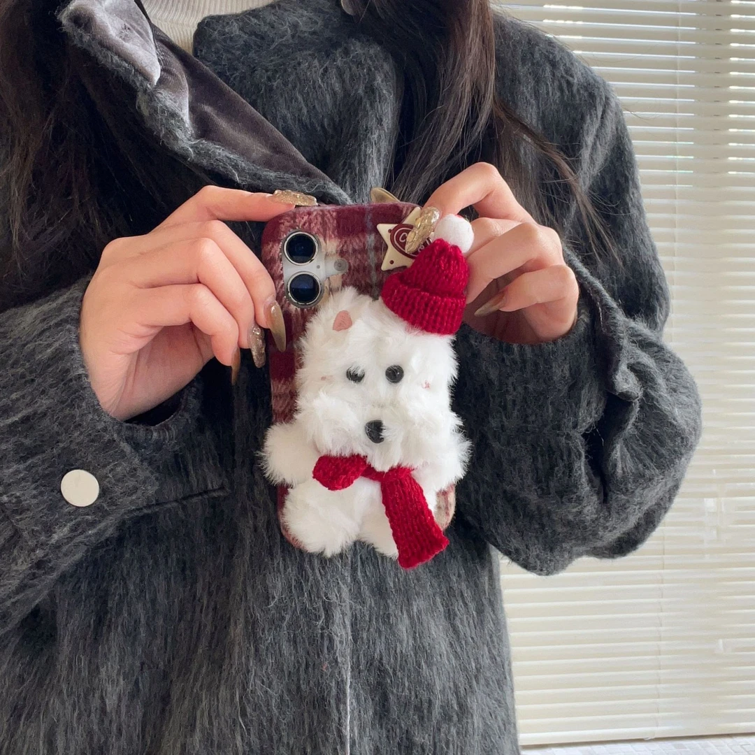 秋冬安可拉红毛绒西高地iPhone16苹果15适用13/14pro max手机壳套