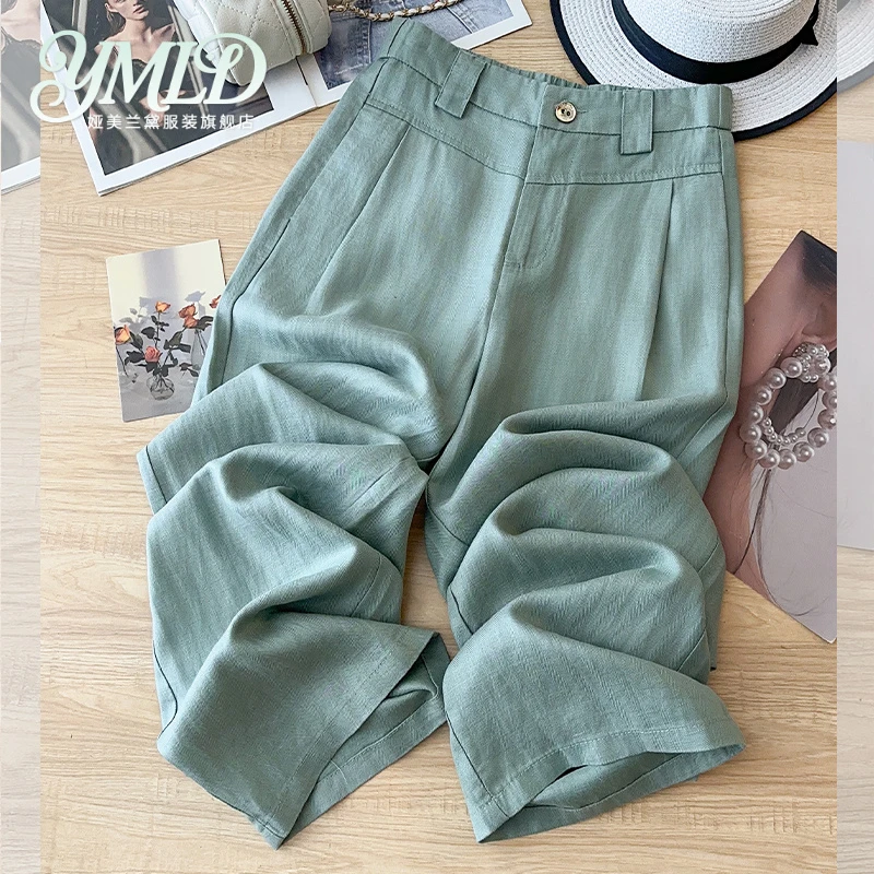 绿色亚麻阔腿裤女夏季薄款2025新款慵懒风抗皱休闲裤天丝棉麻裤子