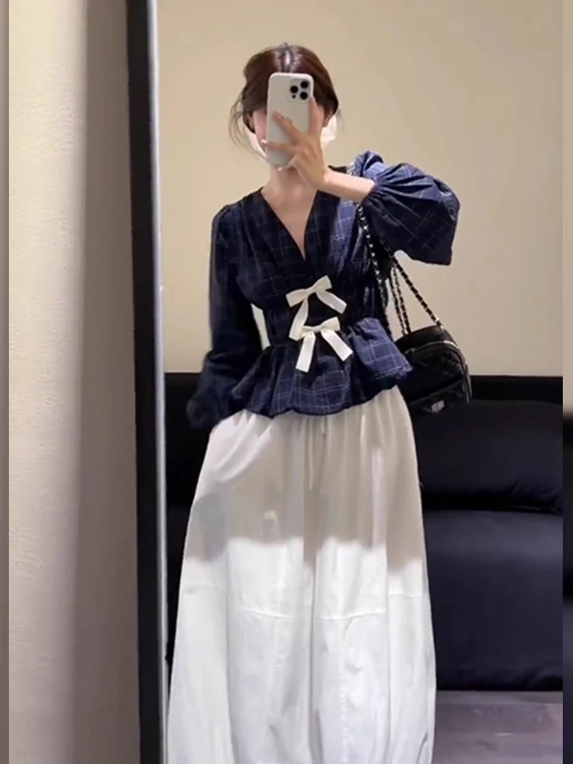 设计感小众v领蝴蝶结拼接格子衬衫女2025秋季新款韩版小个子上衣