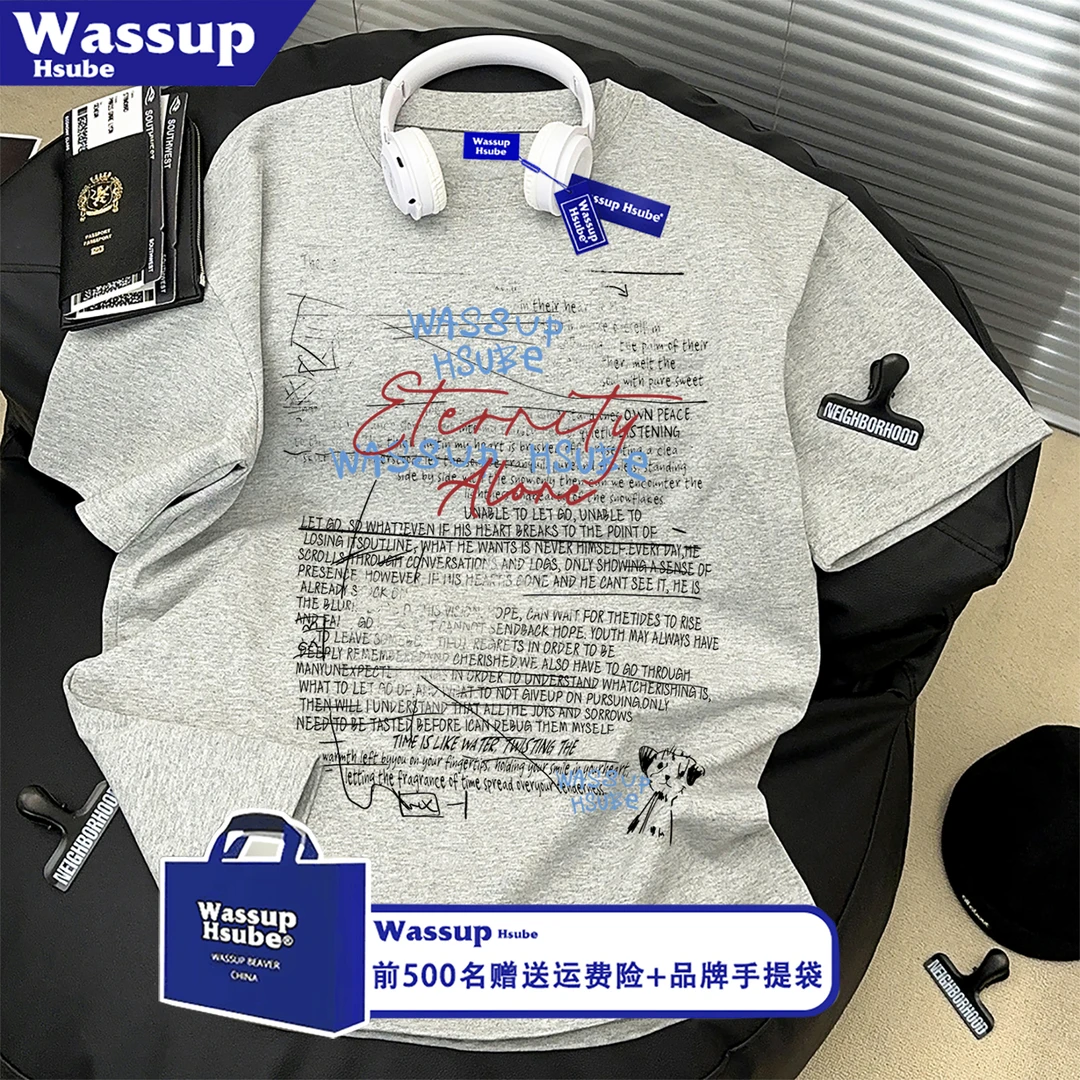 WASSUP HSUBE100%纯棉模糊字母印花短袖T恤男女ins高级感百搭上衣