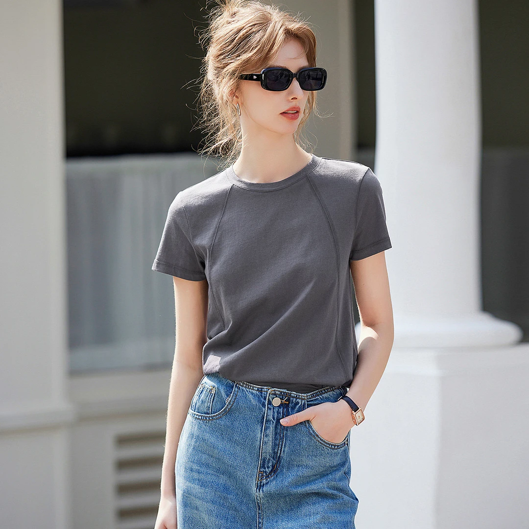 【商场同款新品】白鹿语25夏时尚分割线设计微弹女装T恤YU20039