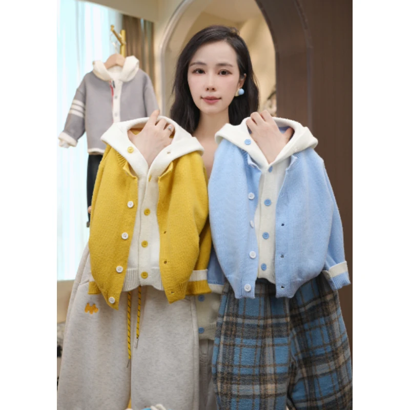 25年秋季连帽拼接撞色韩版毛衣男女童亲子针织衫外套8112