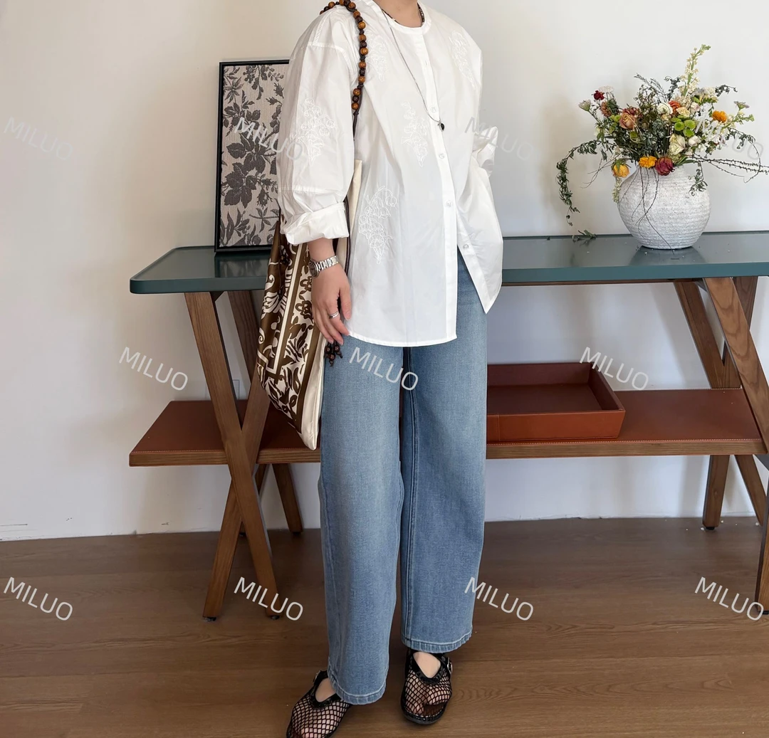 【哈尼家】千万春景 春夏季新中式白色重工刺绣翻领宽松衬衫女C14