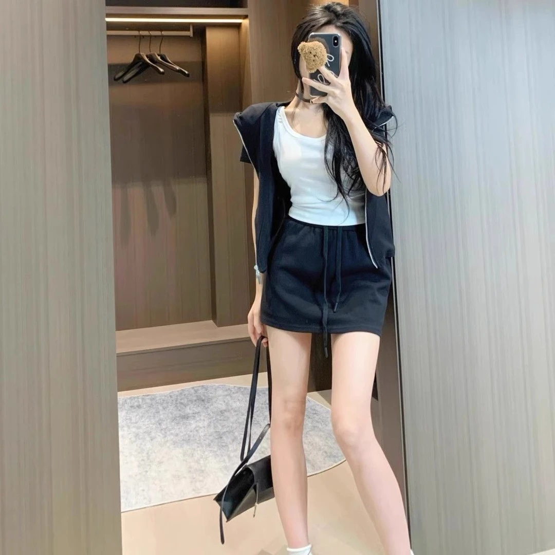 夏季新款显瘦小个子运动拉链休闲卫衣连帽上衣半身裙时尚套装