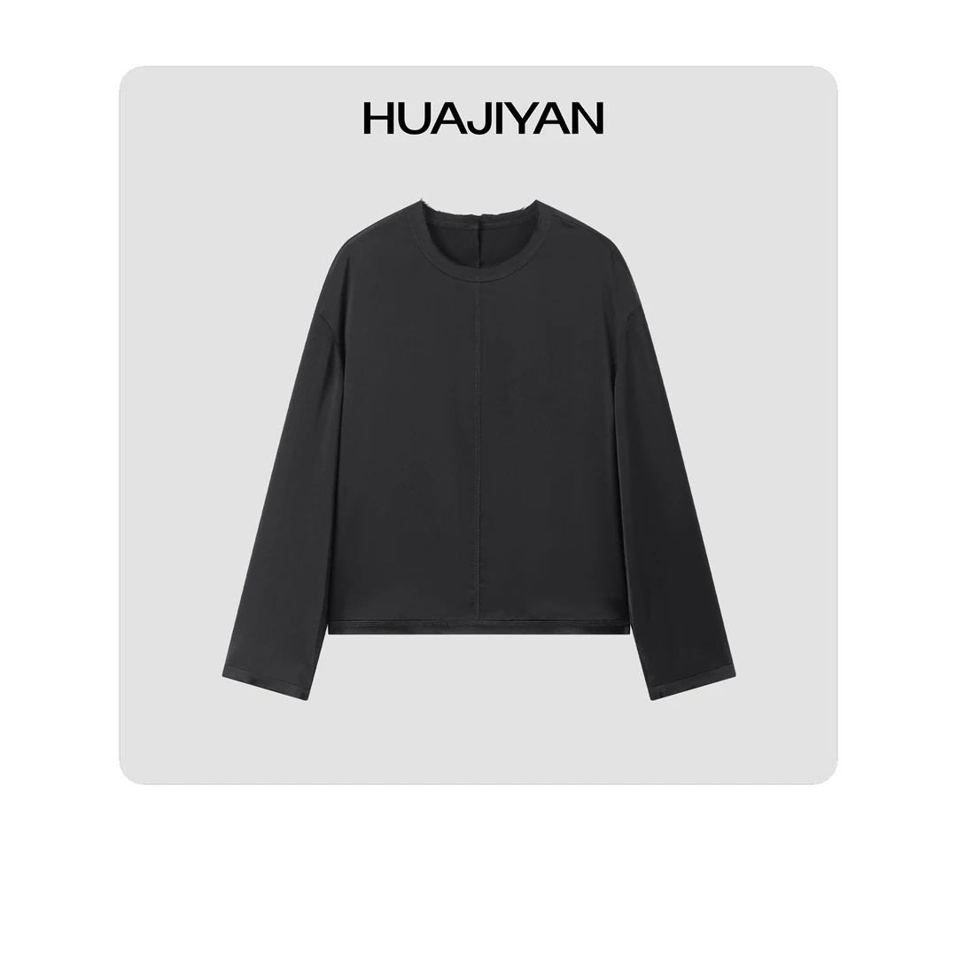 华吉言/HUAJIYAN【墨台】三醋酸毛边设计后领开叉圆领上衣