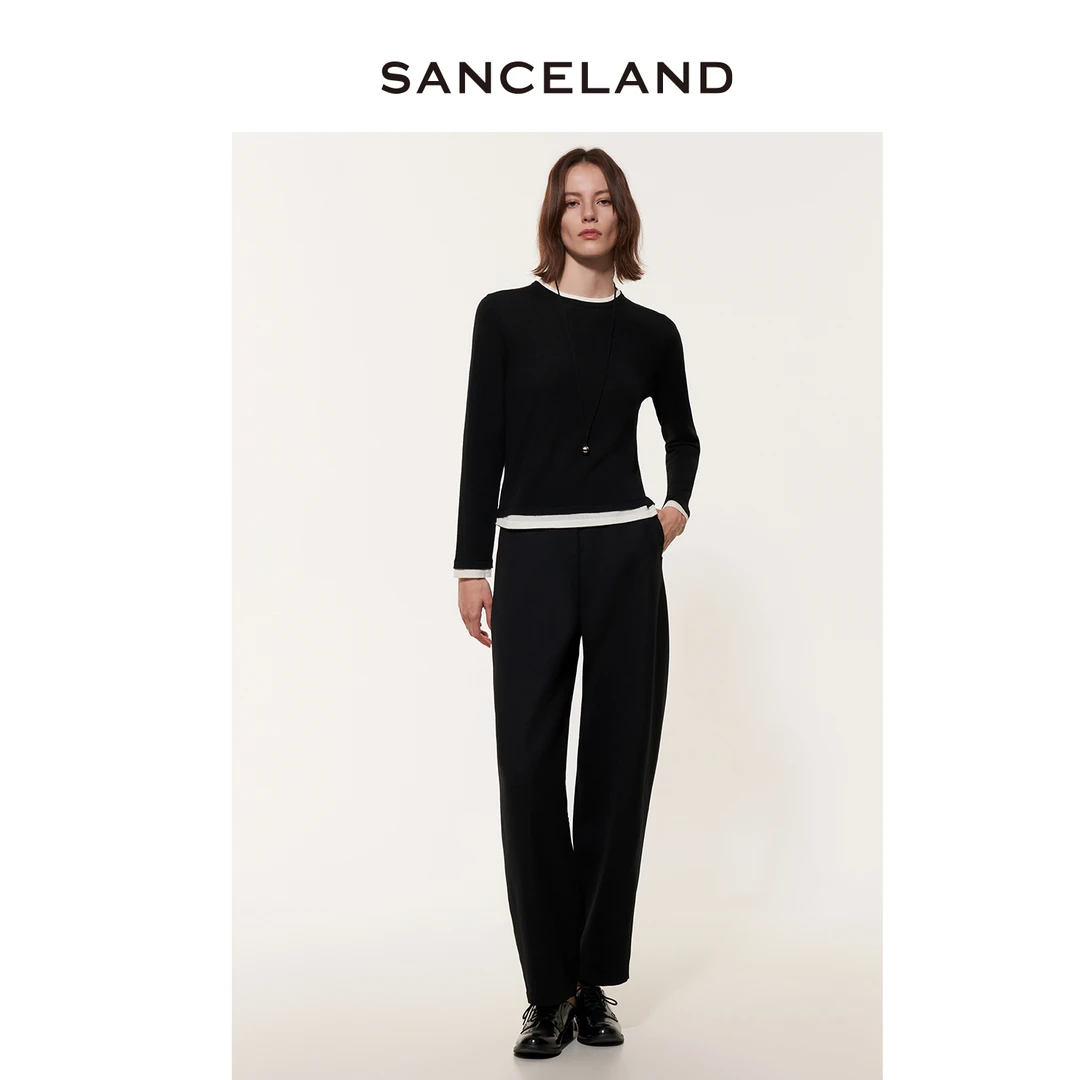SANCELAND三石一澜25秋新款纯羊毛假两件套头针织衫女SJ31401017