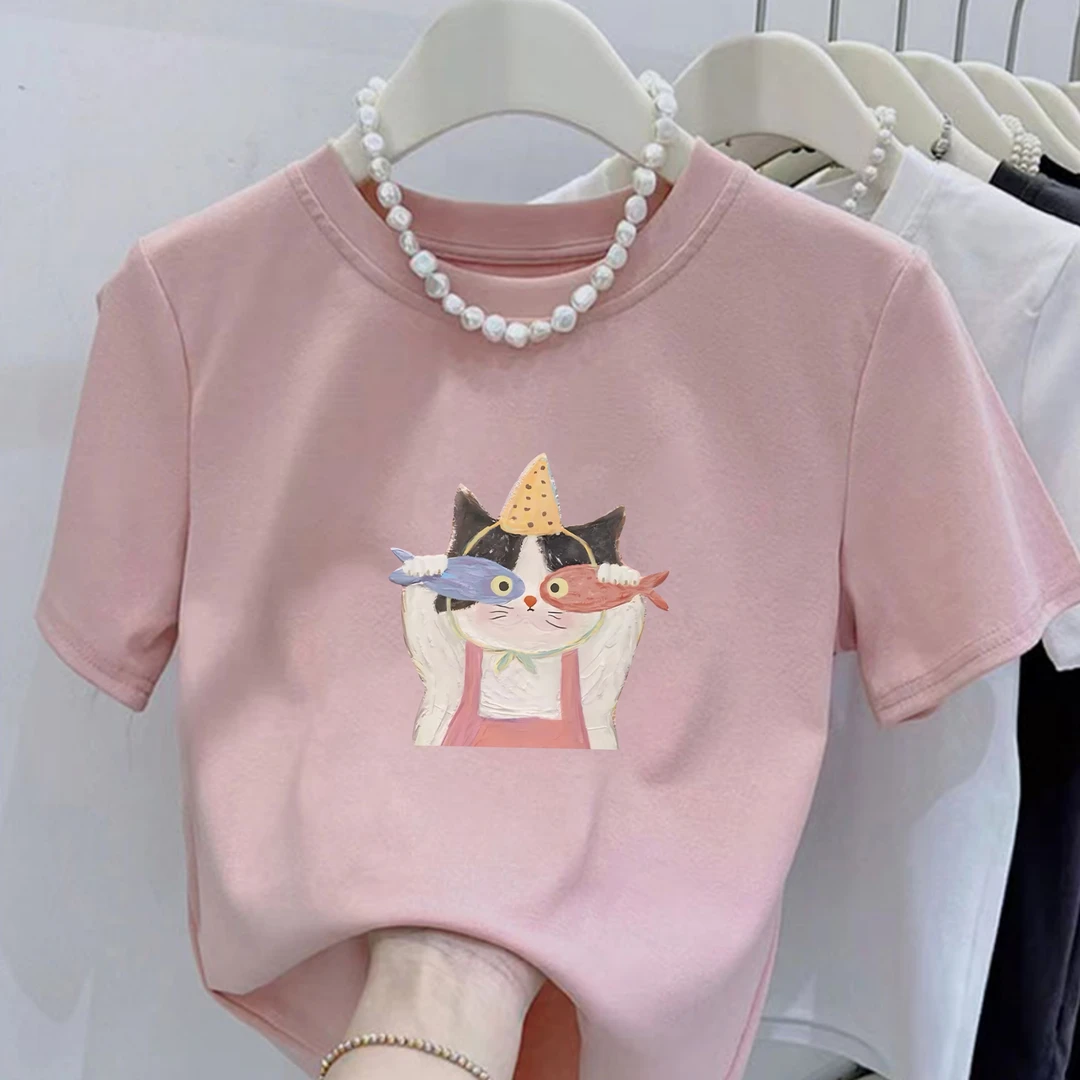 2025新款圆领抓小鱼的猫咪印花纯棉短袖小个子女修身显瘦百搭上衣