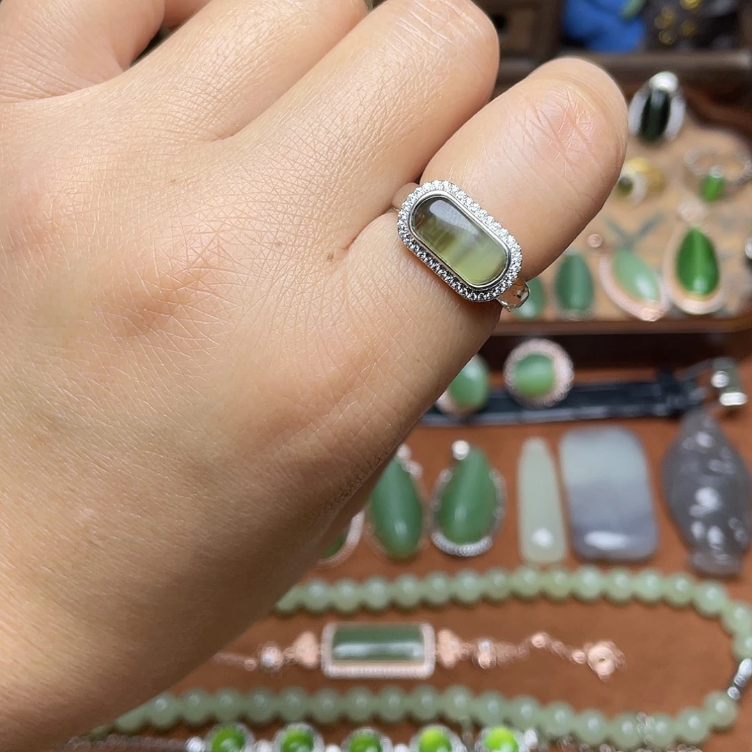 和田玉（碧玉）银S925镶嵌吊坠(不含链)戒指