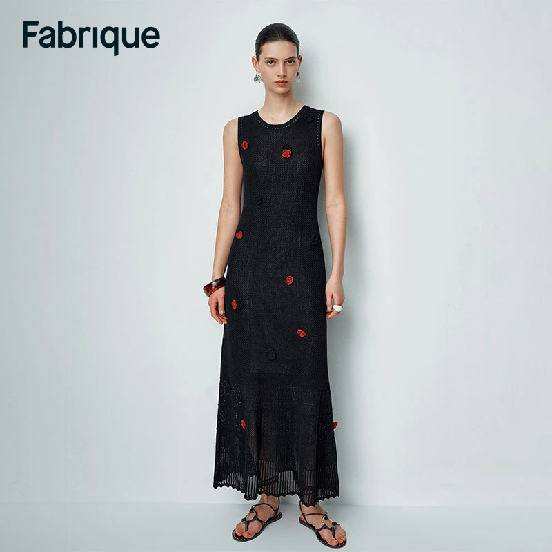 Fabrique Ellie 春夏新款手钩山茶花棉麻针织法式复古无袖连衣裙