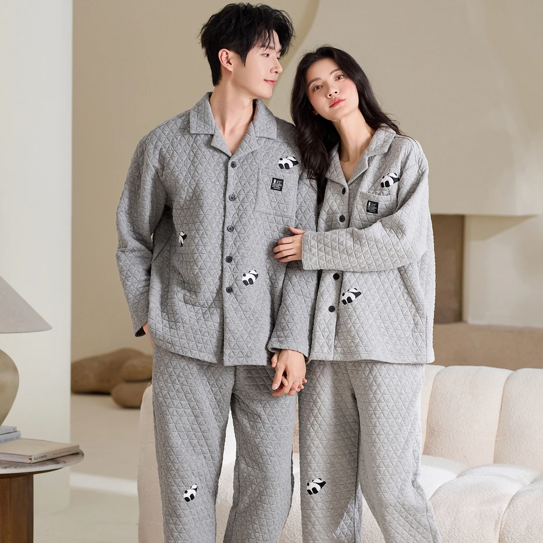 雅鹿纯棉夹层秋冬季长袖长裤情侣睡衣翻领开衫家居服柔软保暖男女