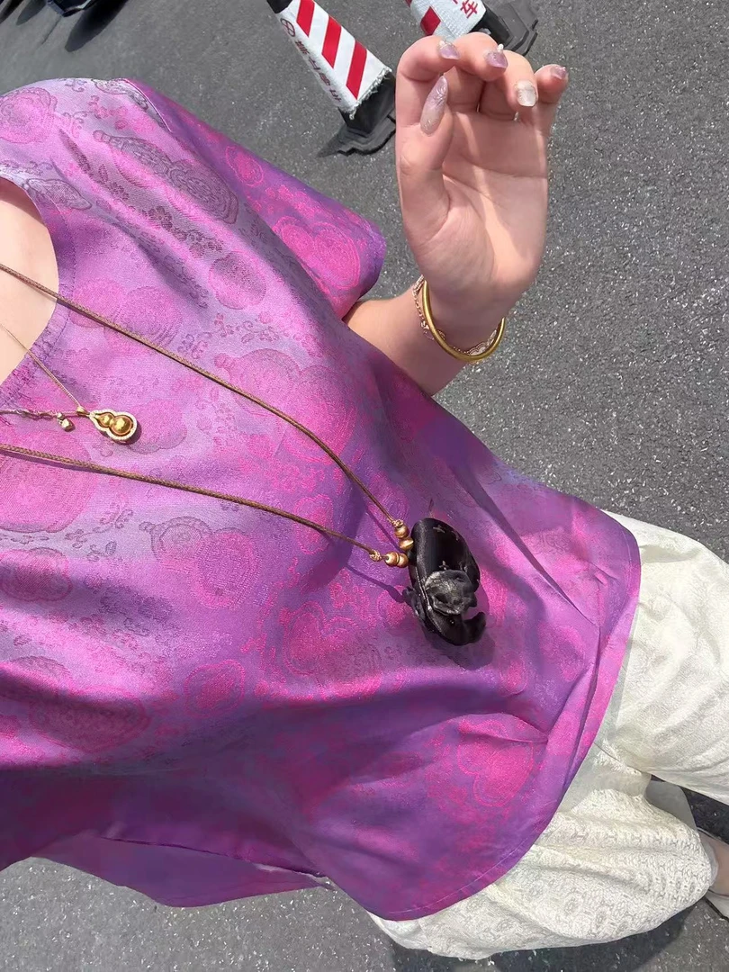 100桑蚕丝！浮光锦炫彩紫葫芦上衣