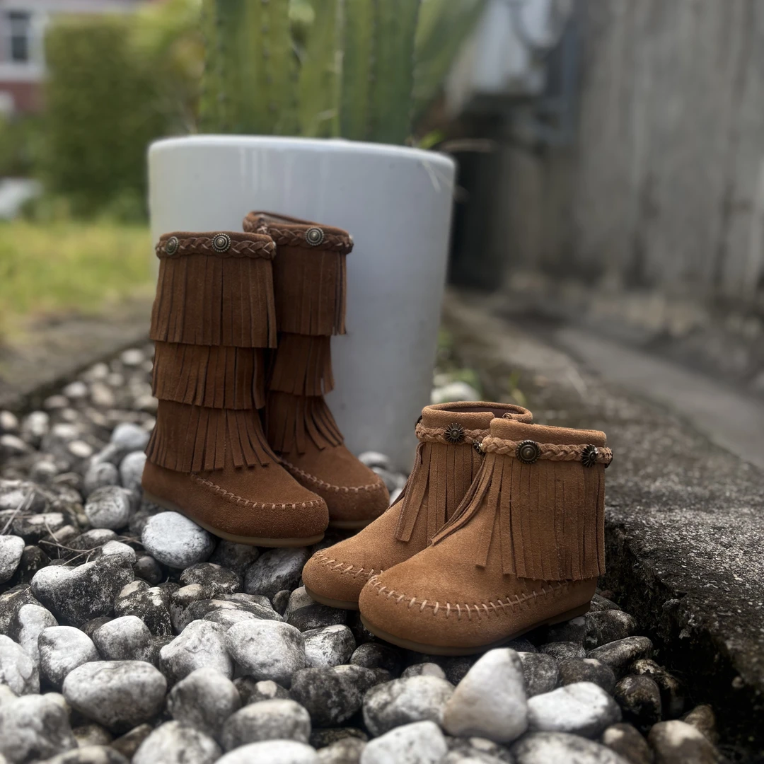 DuoReMi复古25aw21女童鞋长筒靴流苏短靴冬季后拉链皮靴25aw42