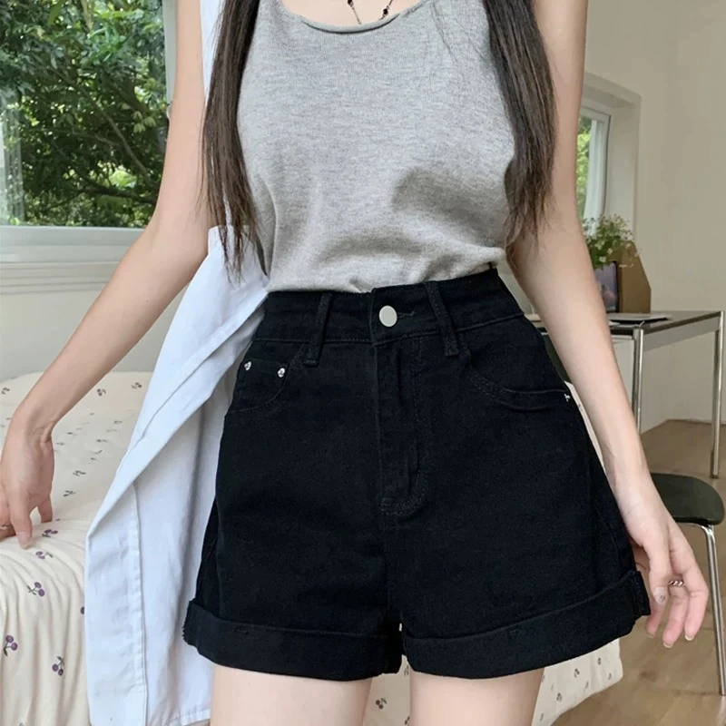 1232-牛仔短裤女2025年夏季薄款阔腿短裤显瘦黑色A字热裤