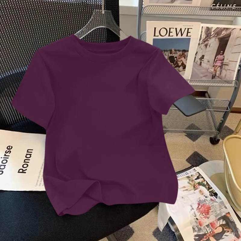 欧货紫色短袖t恤女夏季纯棉宽松显瘦正肩减龄新款2025洋气上衣女