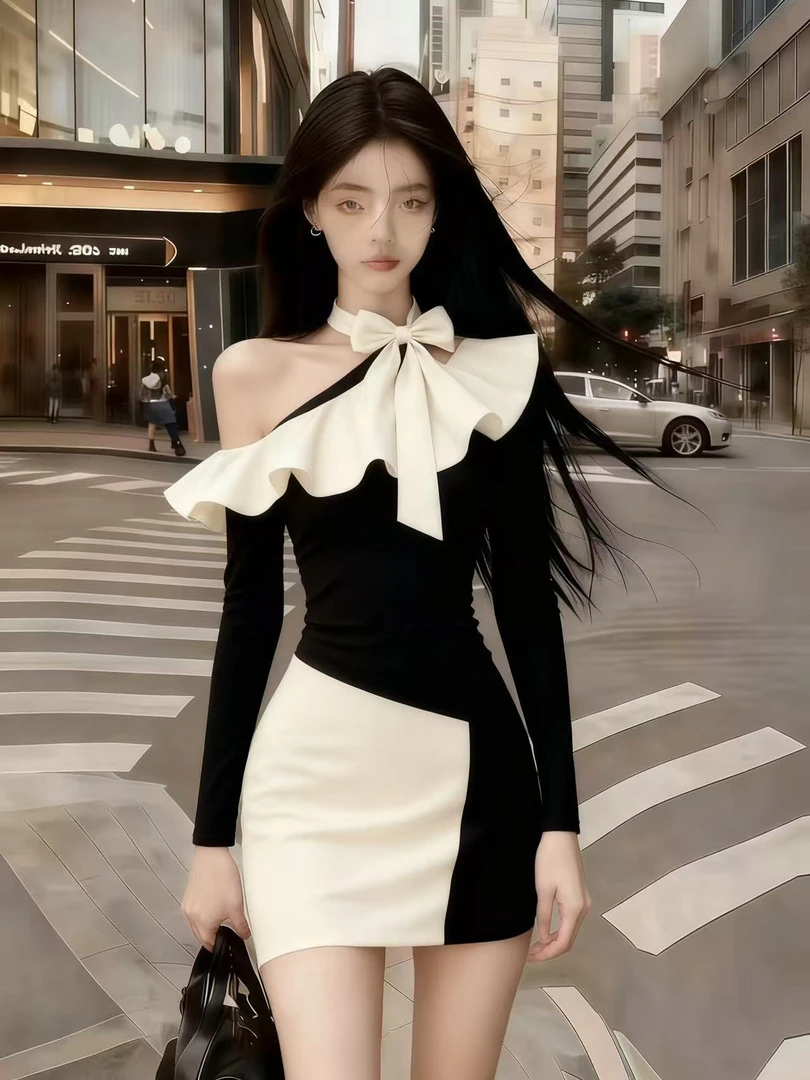 时尚高级气质轻熟风撞色单肩斜领别致设计感修身包臀露肩连衣裙