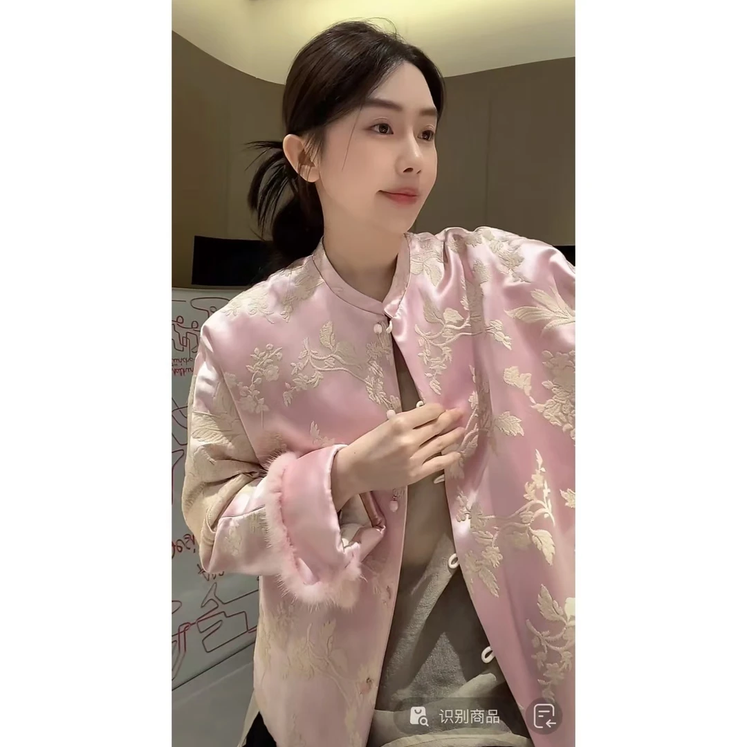 ZHUIMU.【知意】新中式国风提花圆领盘扣拼接水貂毛棉外套ZM7872