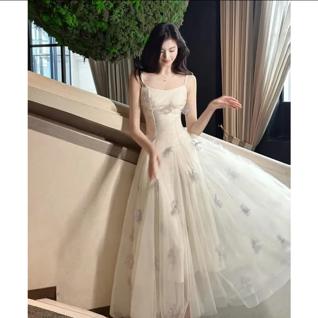 夏季新款重工花朵吊带网纱A字裙连衣裙长裙仙女感开衫