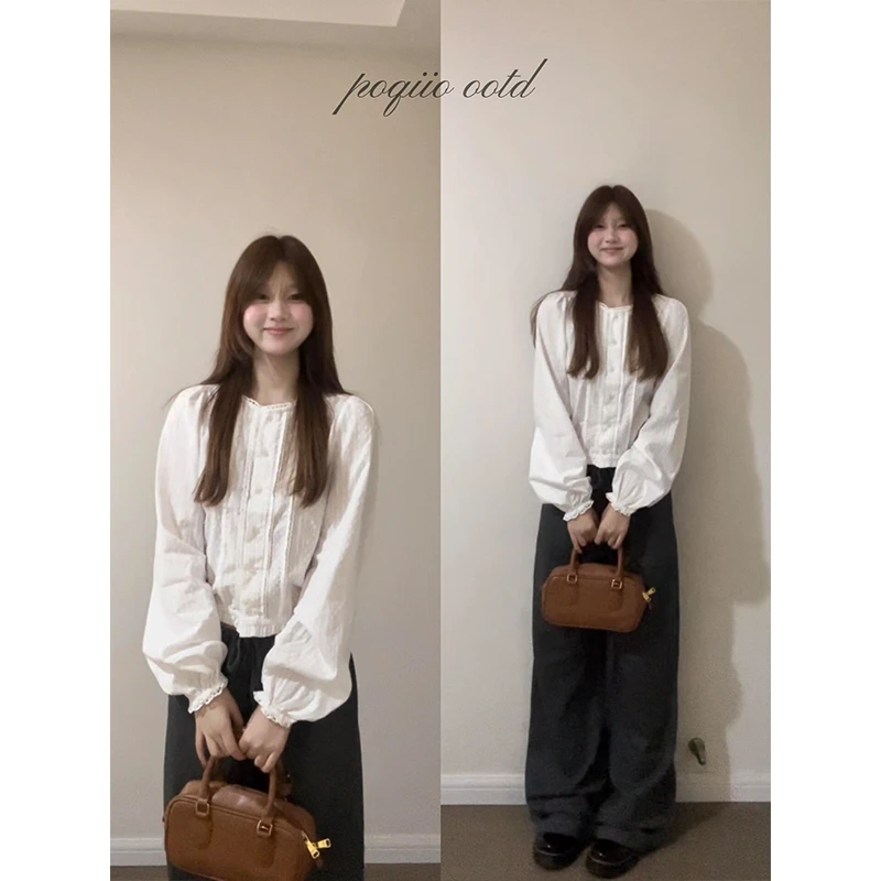 MARIE.COCO法式气质白色蕾丝花边长袖衬衫女秋季时髦洋气休闲裤