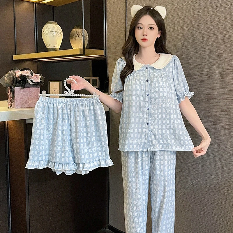 日系甜美可爱娃娃领睡衣女夏季云朵棉短袖短裤长裤花边家居服套装