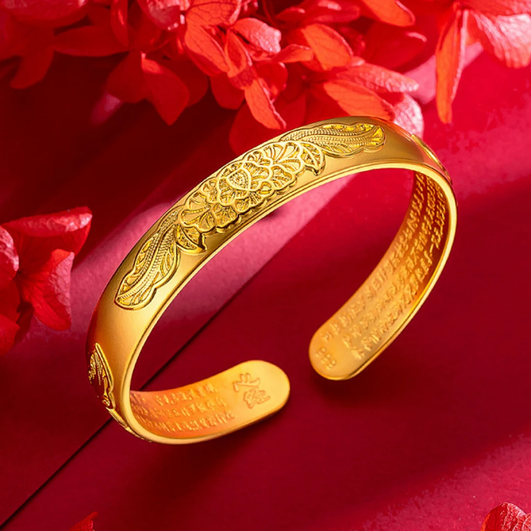 铜合金手镯 古法心经富贵花镯女款开口心经富贵花手镯手环