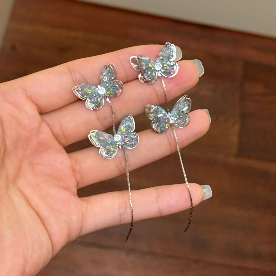 铜合金合成锆石耳饰 E0684东大门手工定制红色蝴蝶流苏耳环饰品