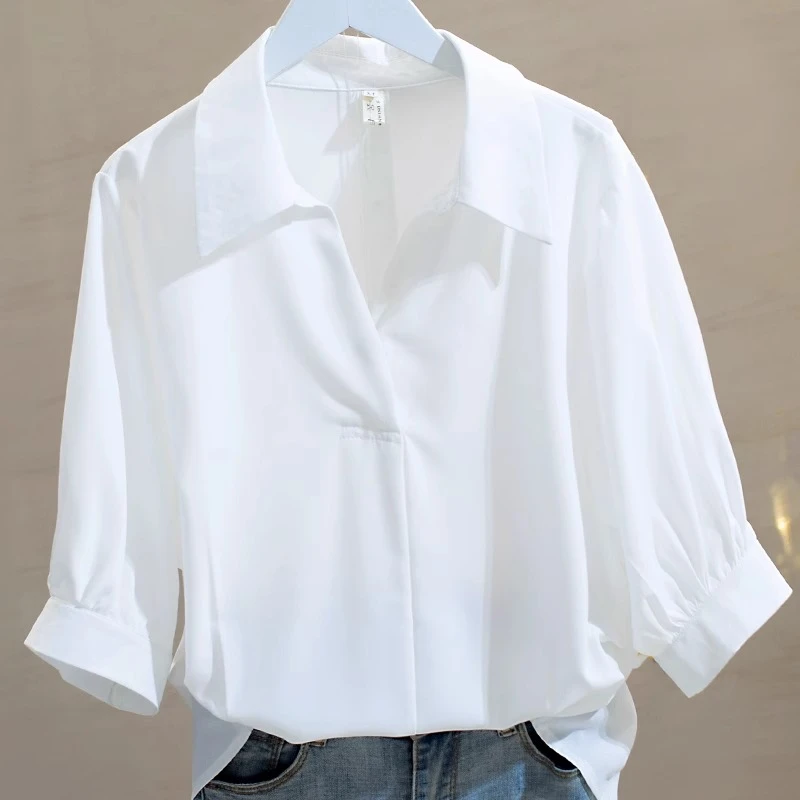 法式别致气质白衬衫女夏季新款大码胖mm宽松上衣显瘦洋气短袖衬衣