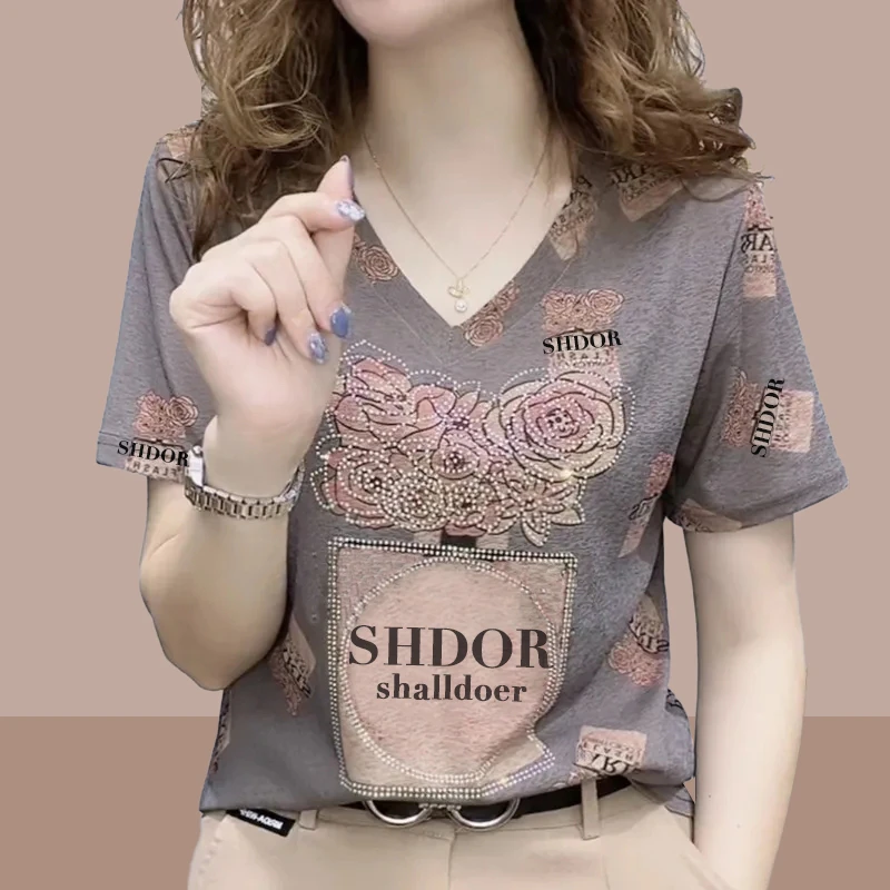 短袖t恤女士2025夏季新款休闲时尚洋气烫钻小衫减龄V领打底上衣服