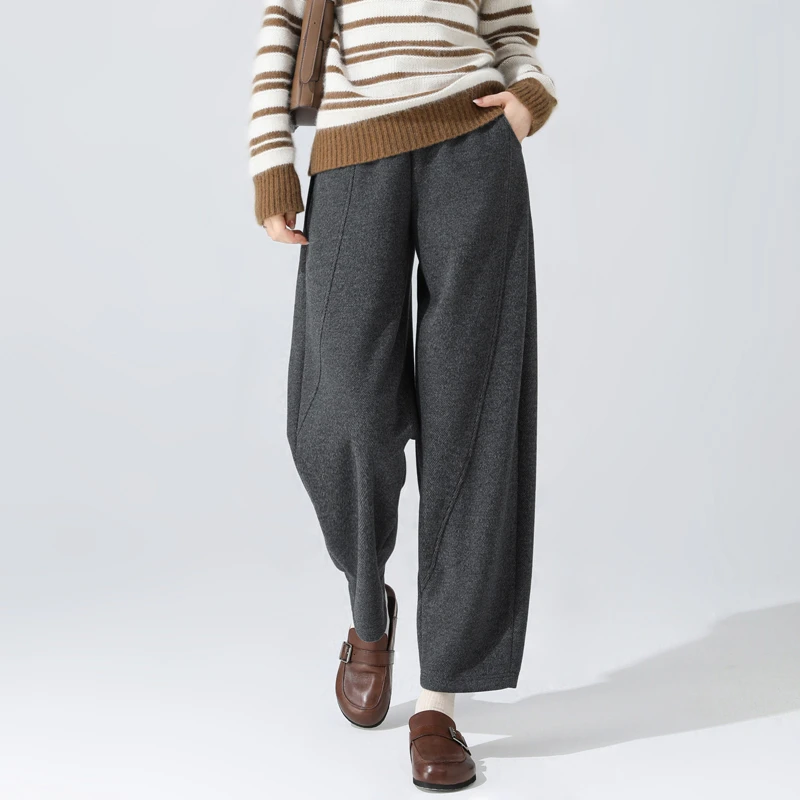 灰色毛呢哈伦镰刀裤女2025新款冬季加厚羊毛醋酸小个子九分呢子裤