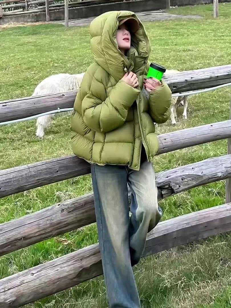 韩系休闲风气质时尚面包纯色拉链连帽长袖棉服女2025冬季新款上衣