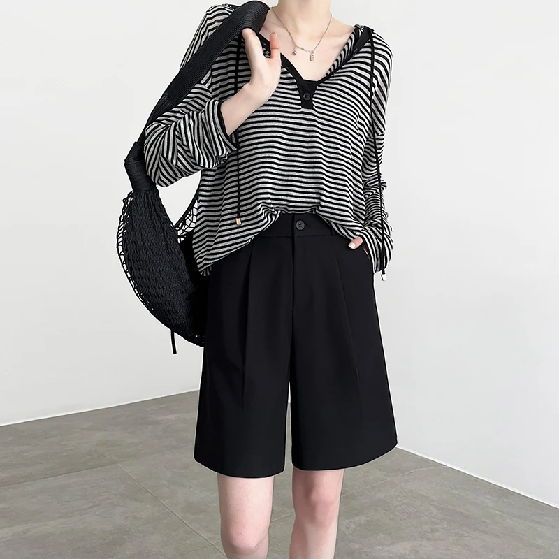 黑色西装短裤女夏2025百慕大立体压褶外穿高腰a字五分洛奇短裤