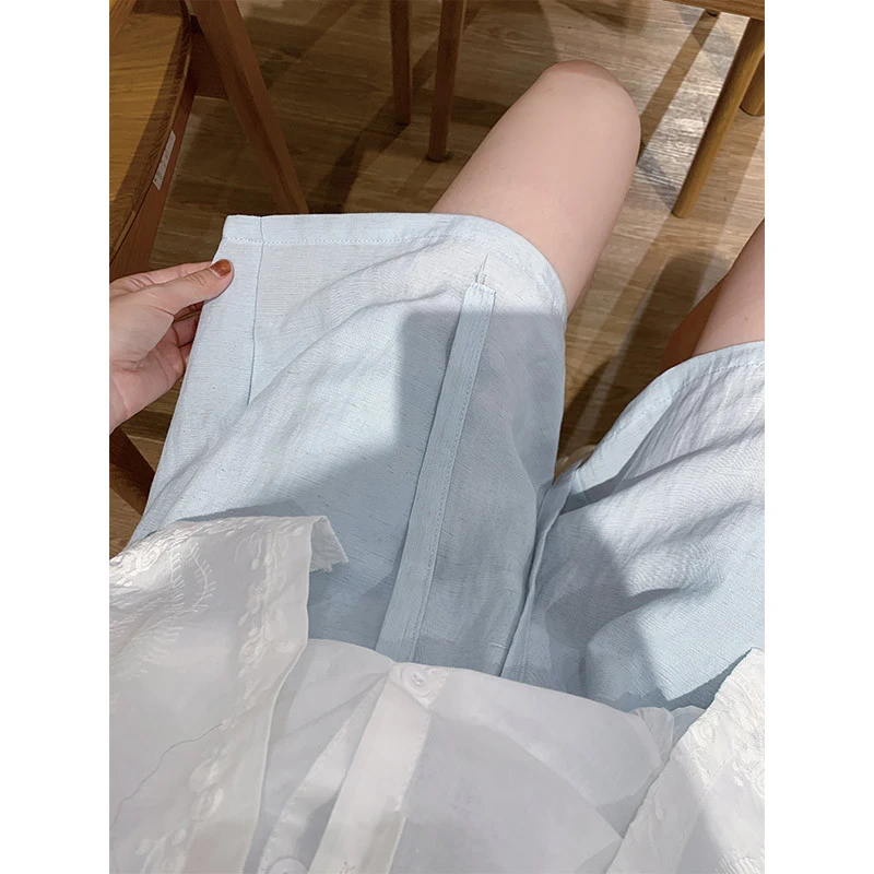 日系蓝色天丝亚麻短裤女夏季薄款宽松小个子a字五分休闲阔腿中裤