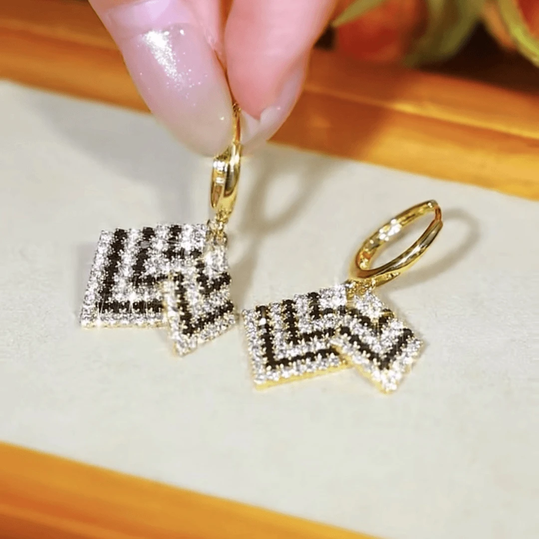 铜合金锆石耳饰 几何菱形双层满钻耳环女轻奢高级感耳钉气质耳饰