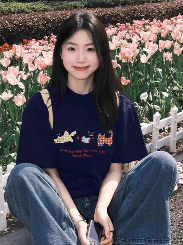 纯棉大码藏青色短袖t恤女夏季2025新款设计感小众宽松美式上衣潮