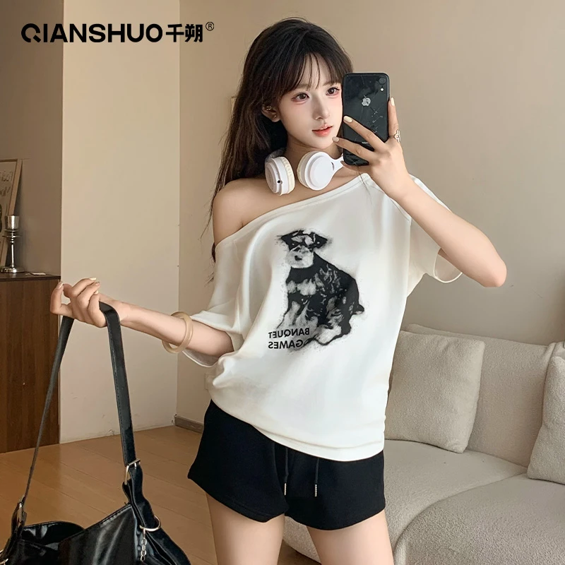 千朔夏季新款休闲慵懒简约风一字领露肩白色韩版薄款短袖t恤女