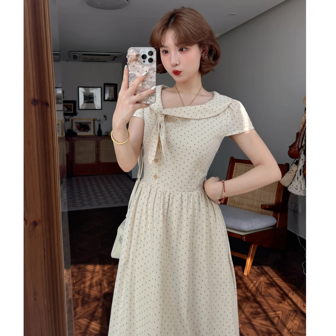 蕾英俊-海盐苏打-夏季法式清新少女波点蝴蝶结兔耳朵连衣裙JF6321