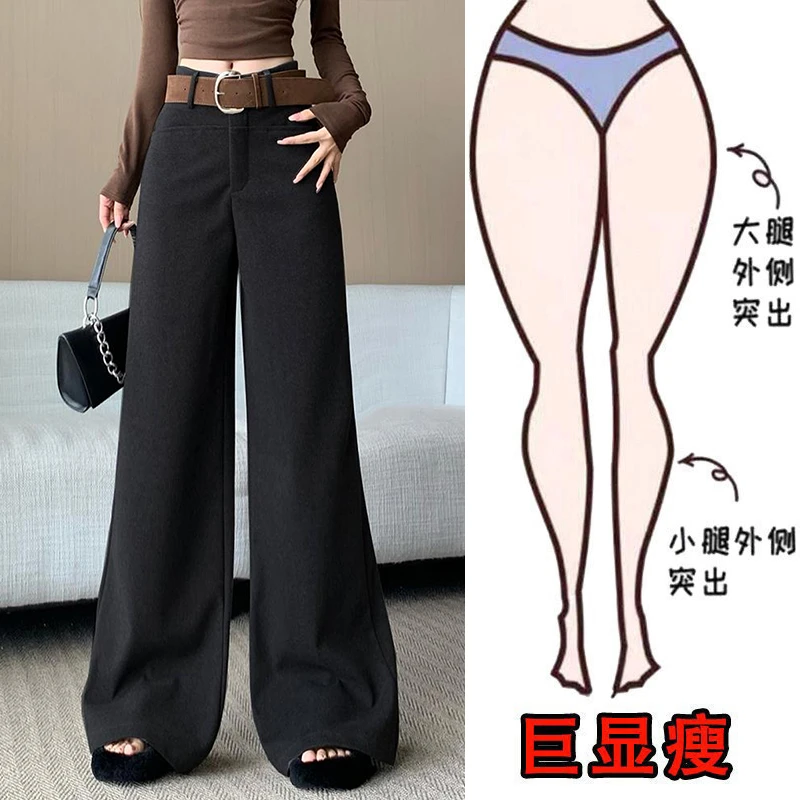 冬季新款美式松弛感高腰加绒毛呢阔腿裤女宽松直筒垂坠西装休闲裤