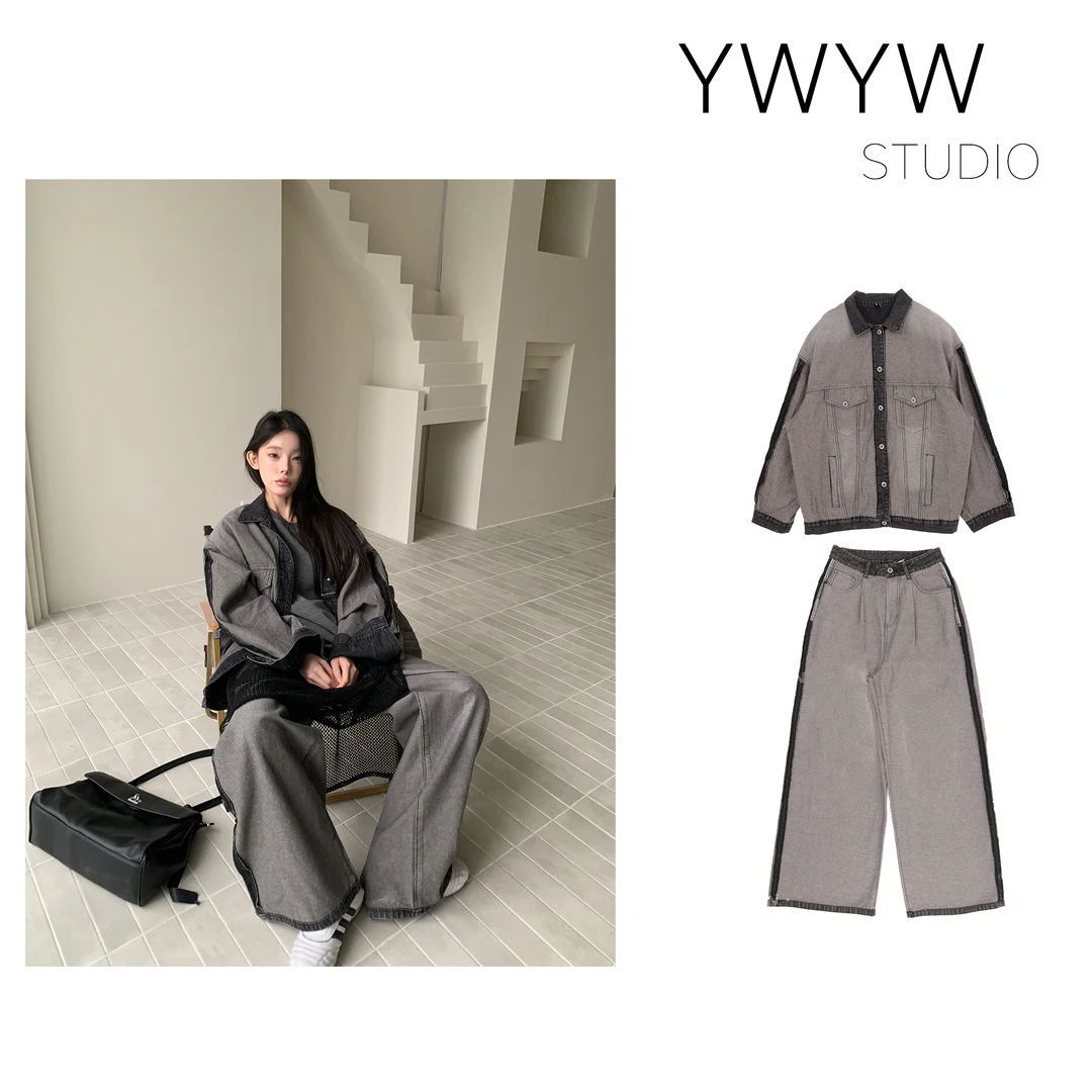 【福利款NO退换】反面底复古水洗牛仔宽松外套+阔腿裤两件套81006