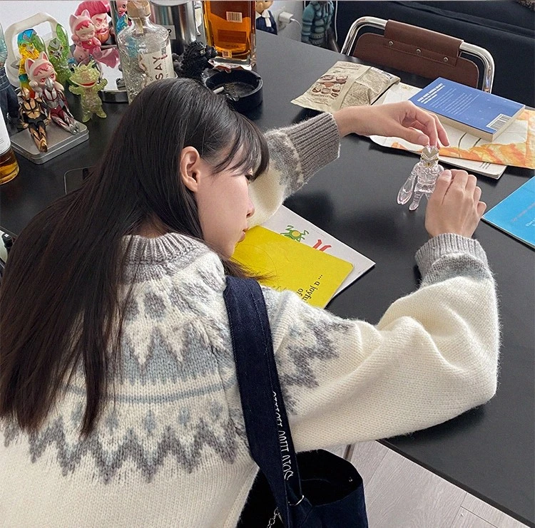 摩天轮提花费尔岛复古秋冬提花撞色慵懒针织衫宽松新款毛衣圆领